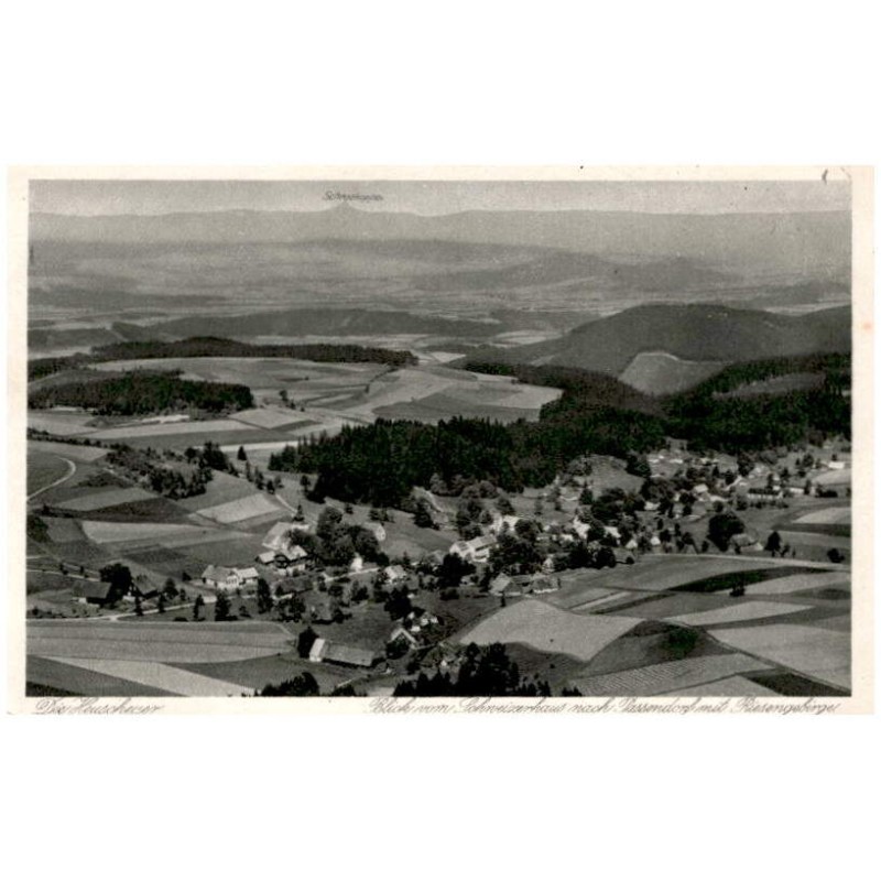 Die Heuscheuer. Blick vom Schweizerhaus nach Passendorf mit Riesengebirge.