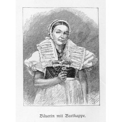 [Śląskie typy ludowe z Hrabstwa Kłodzkiego] [1] "Bäuerin mit Drahthaube." [2] "Bäuerin mit Schnapphaube." [3] "Bäuerin mit Bar