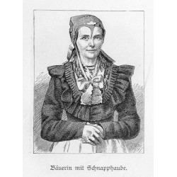 [Śląskie typy ludowe z Hrabstwa Kłodzkiego] [1] "Bäuerin mit Drahthaube." [2] "Bäuerin mit Schnapphaube." [3] "Bäuerin mit Bar
