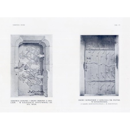 Zubrzycki: Skarb 2. Tabl. 105. [1] Odrzwia ciosowe i drzwi dębowe z okuciem w kolegiacie opatowskiej [2] Drzwi romańskie z Kośc