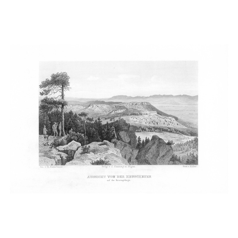 Aussicht von der Heuscheuer auf das Riesengebirge / "AUSSICHT VON DER HEUSCHEUER auf das Riesengebirge."