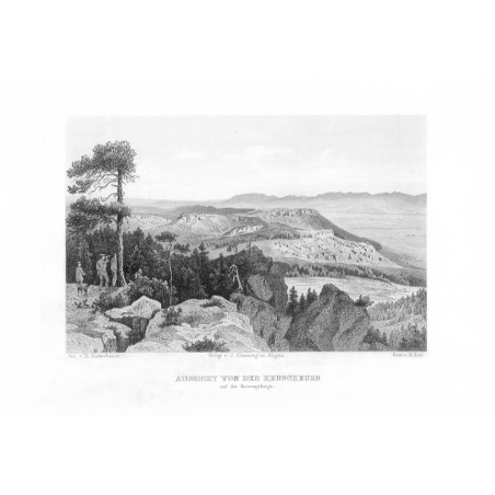 Aussicht von der Heuscheuer auf das Riesengebirge / "AUSSICHT VON DER HEUSCHEUER auf das Riesengebirge."