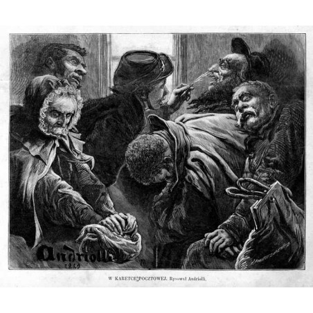 W karetce pocztowej. Rysował Andriolli / "W KARETCE POCZTOWEJ. Rysował Andriolli."