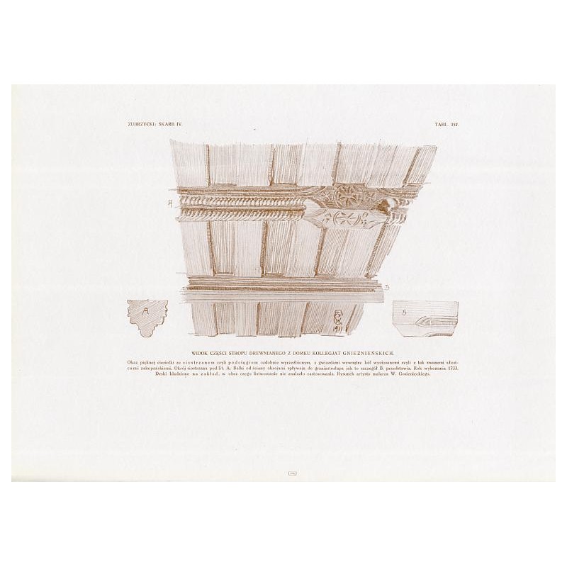 Zubrzycki: Skarb 4. Tabl. 357. Widok części stropu drewnianego z domku kolegiat gnieźnieńskich. Rysunek W. Gosienieckiego / "ZUB