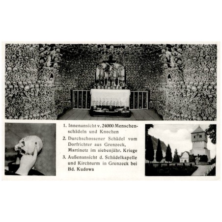 1. Innenansicht v. 24000 Menschen-schädeln und Knochen 2. Durchschossener Schädel vom Dorfrichter aus Grenzeck [...] 3. Außenans