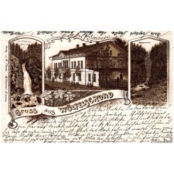 Gruss aus Wölfelsgrund Grafschaft Glatz. Der 84 Fuss hohe Wölfel-Fall. Hôtel zur Forelle am Wölfelsfall. Felsenschlucht.