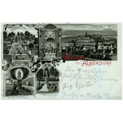 Gruss aus Albendorf. Calvarienberg. Hochaltar in der Gnadenkapelle. Total-Ansicht. Der Ursprung von Alberdorf. Osterbergmonument