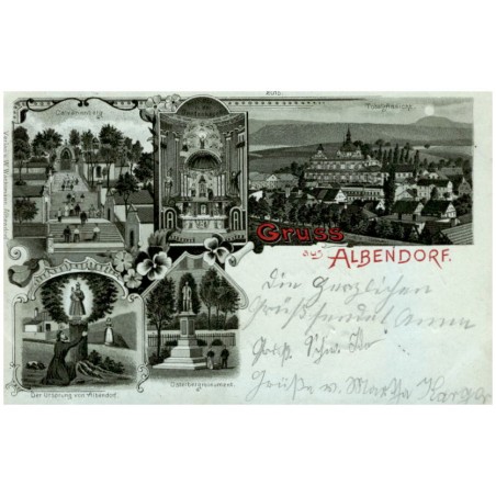Gruss aus Albendorf. Calvarienberg. Hochaltar in der Gnadenkapelle. Total-Ansicht. Der Ursprung von Alberdorf. Osterbergmonument