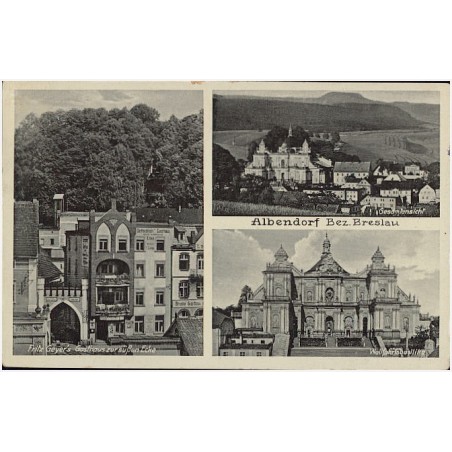 Albendorf Bez. Breslau. Fritz Geyer's Gasthaus zur süßen Ecke. Gesamtansicht. Wallfahrstsbasilika