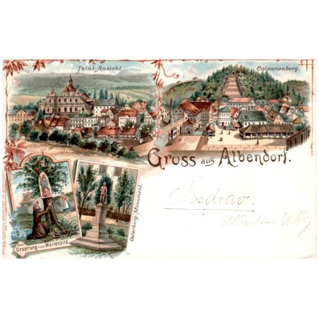 Gruss aus Albendorf. Total-Ansicht. Calvarienberg. Der Ursprung vom Marienbild. Osterberg-Monument.