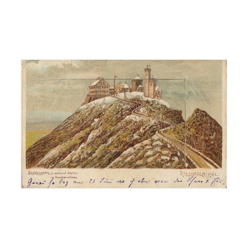 Riesengebirge. Schneekoppe m. meteorol. Station, im Sommerschnee