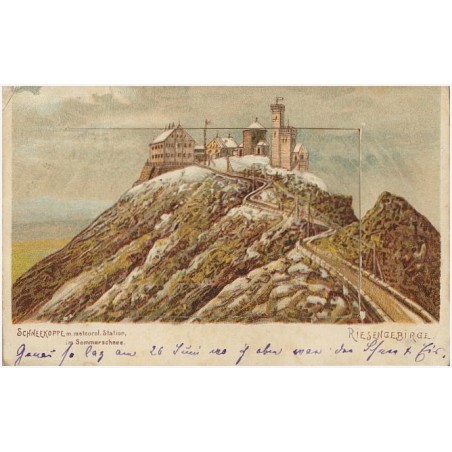 Riesengebirge. Schneekoppe m. meteorol. Station, im Sommerschnee