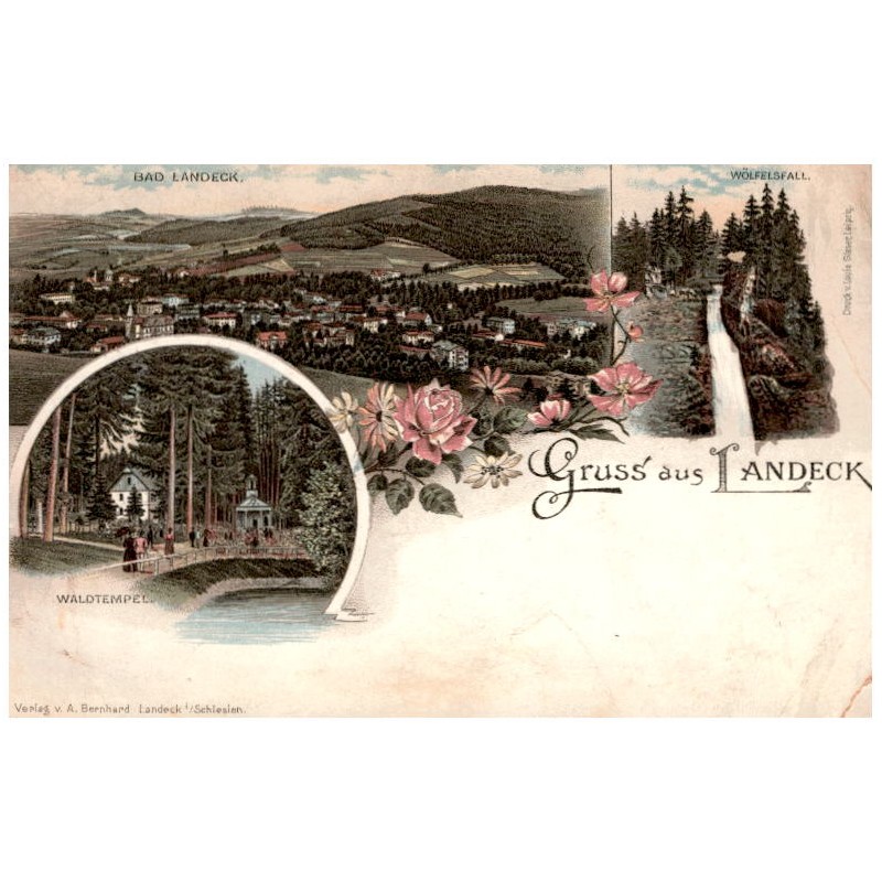 Gruss aus Landeck. Bad Landeck. Wölfelsfall. Waldtempel.