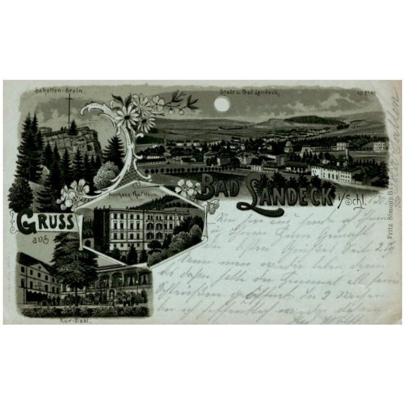 Gruss aus Bad Landeck i/Schl. Schollen-Stein. Stadt u. Bad Landeck. Kurhaus Thal-Heim. Kur-Saal. No. 2546