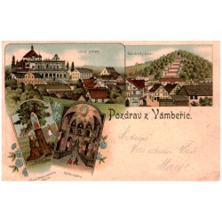 Pozdrav z Vámbeřic. Uplný pohled. Kalvárský kopec. Původ obrazu panenky Marie. Vnitřni chrámu