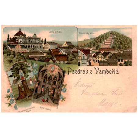 Pozdrav z Vámbeřic. Uplný pohled. Kalvárský kopec. Původ obrazu panenky Marie. Vnitřni chrámu