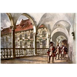 Krużganki pałacu królewskiego. Prusacy na Wawelu w XVIII wieku. Arkadenhof (preussische Krieger 18. Jh.). Galeries du chateau ro