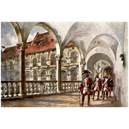 Krużganki pałacu królewskiego. Prusacy na Wawelu w XVIII wieku. Arkadenhof (preussische Krieger 18. Jh.). Galeries du chateau ro