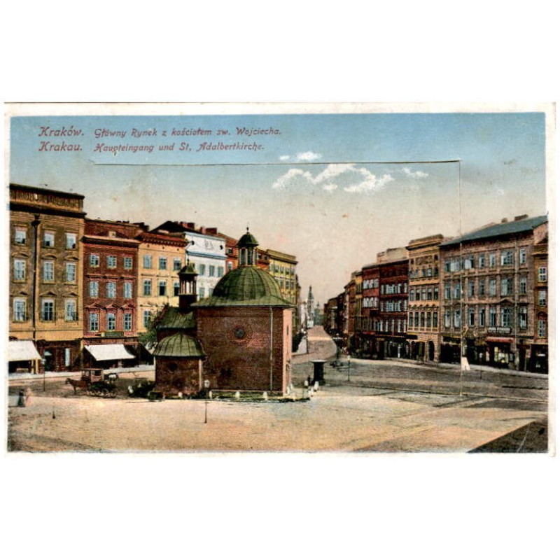 Kraków. Główny Rynek z kościołem sw. Wojciecha. Krakau. Haupteingang und St, Adalbertkirche. / leporello: Wawel - Königsschloss.