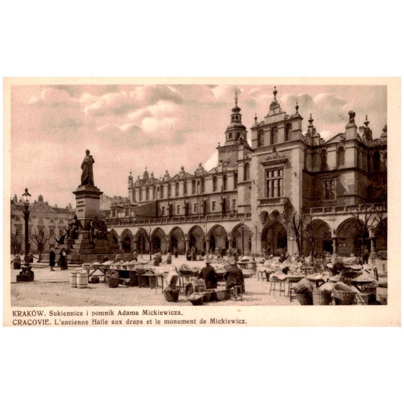 Kraków. Sukiennice i pomnik Adama Mickiewicza. Cracovie. L'ancienne Halle aux draps et le monument de Mickiewicz.