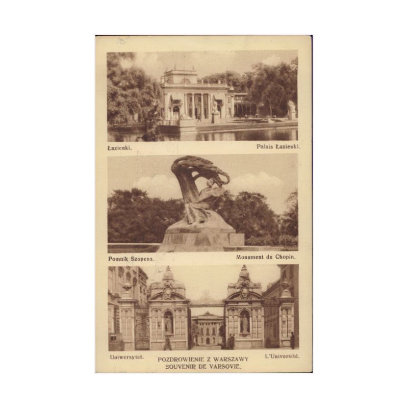 Pozdrowienie z Warszawy. Souvenir de Varsovie. Łazienki. Palais Łazienki. Pomnik Szopena. Monument du Chopin. Uniwersytet. L'Uni