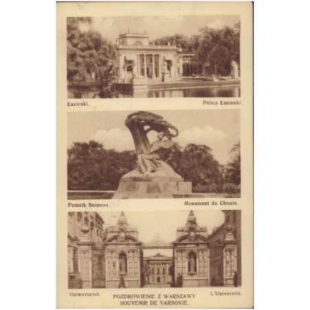 Pozdrowienie z Warszawy. Souvenir de Varsovie. Łazienki. Palais Łazienki. Pomnik Szopena. Monument du Chopin. Uniwersytet. L'Uni