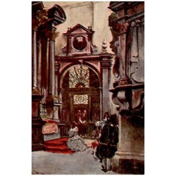 Wawel. - Mal. St. Tondos i W. Kossak. Kaplica Gamrata. Z boku Królowa Marysieńka modli się u stopni ołtarza św. Krzyża o zwycięs