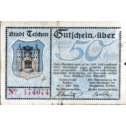 "Miasto Cieszyn. Asygnata kasowa na halerzy 50 halerzy [...] Magistrat miasta Cieszyna dnia 1. czerwca 1919. Stadt Techen. Gutsc