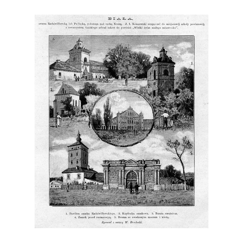 "BIAŁA zwana Radziwiłłowską lub Podlaską [...]. 1. Pawilon zamku Radziwiłłowskiego. 2. Kapliczka zamkowa. 3. Baszta strażnicza.