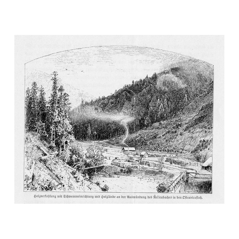 "Holzwerkohlung mit Schwemmeinrichtung und Holzlände an der Ausmündung des Řečicabaches in den Ostravicafluss. (im östlichen Sch