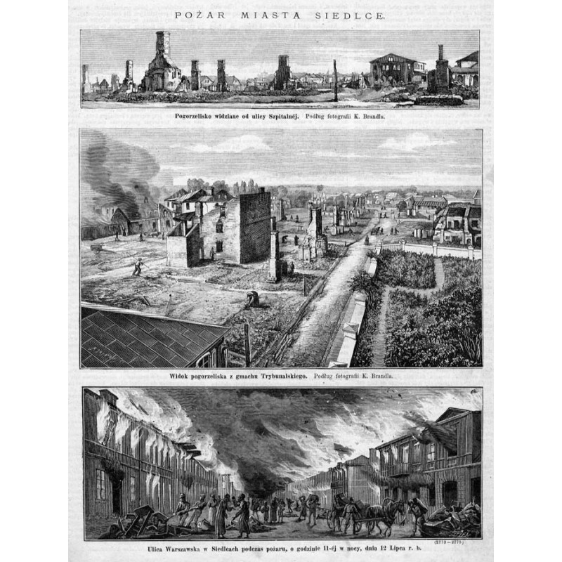 "POŻAR MIASTA SIEDLCE. [1] Pogorzelisko widziane od ulicy Szpitalnéj. Podług fotografii K. Brandla. [2] Widok pogorzeliska z gma