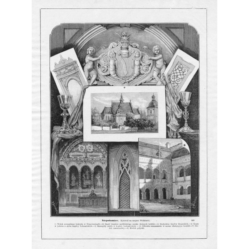 "Niepołomice. Rysował na miejscu Wodziński. 959 1) Widok zewnętrzny kościoła w Niepołomicach.-2) Część wnętrza myśliwskiego zamk
