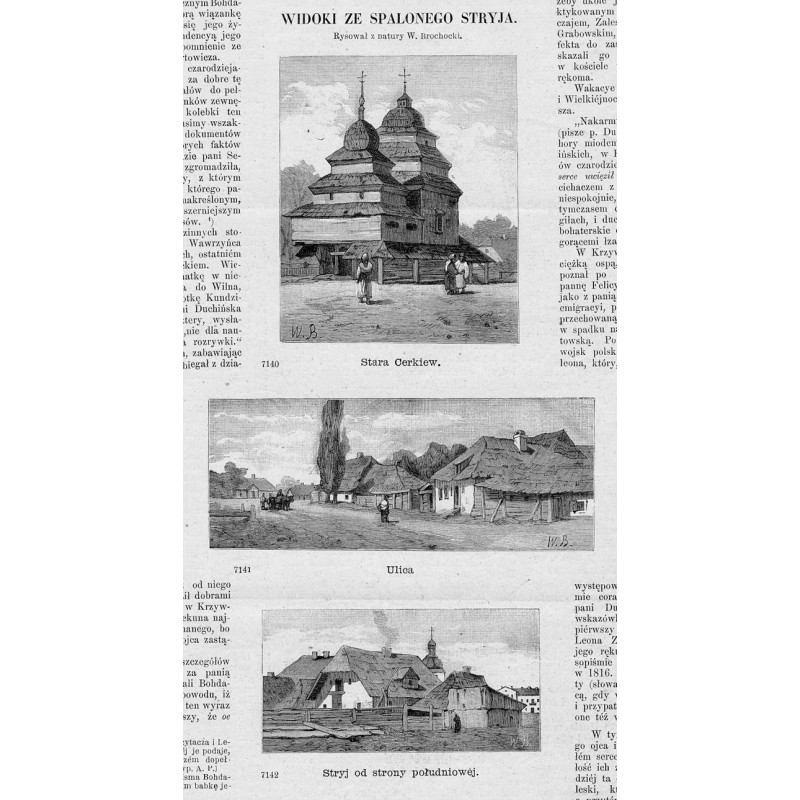 Widoki ze spalonego Stryja / "WIDOKI ZE SPALONEGO STRYJA. Rysował z natury W. Brochocki. [1] 7140 Stara Cerkiew. [2] 7141 Ulica