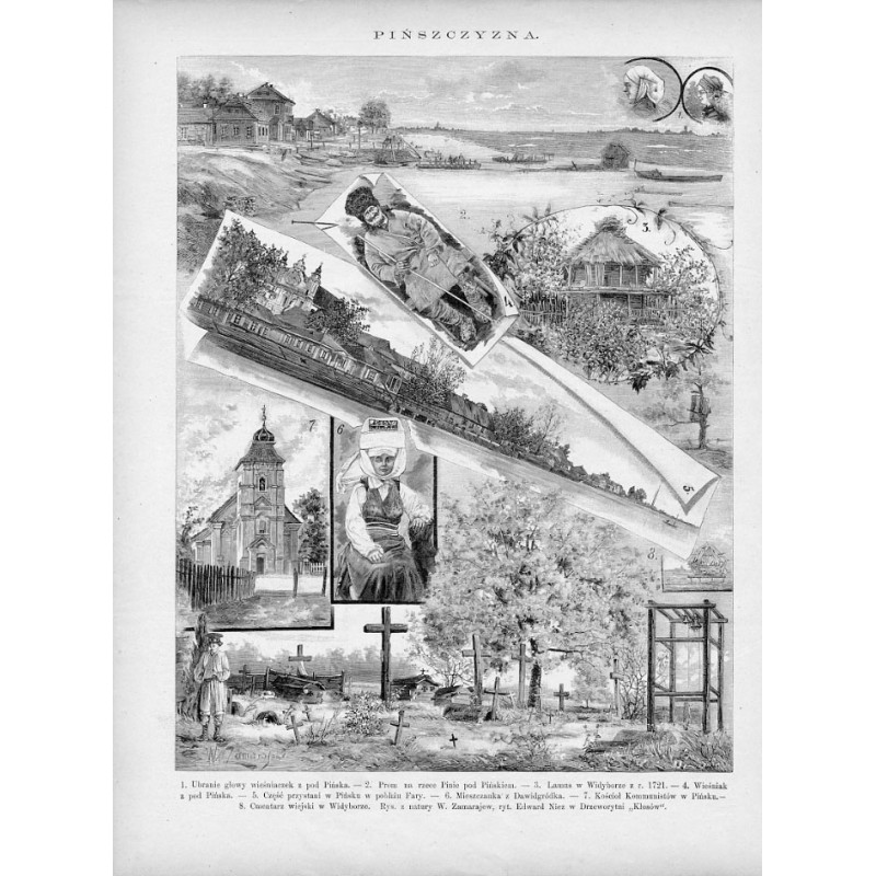 "PIŃSZCZYZNA. 1. Ubranie głowy wieśniaczek z pod Pińska. - 2. Prom na rzece Pinie pod Pińskiem. - 3. Lamus w Widyborze z r. 1721