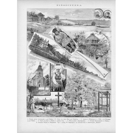 "PIŃSZCZYZNA. 1. Ubranie głowy wieśniaczek z pod Pińska. - 2. Prom na rzece Pinie pod Pińskiem. - 3. Lamus w Widyborze z r. 1721