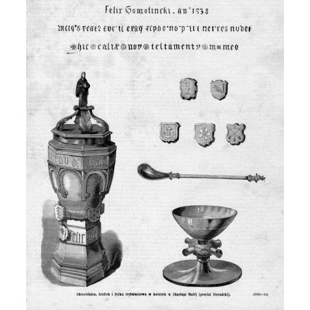 "Chrzcielnica, kielich i łyżka trybularzowa w kościele w Charłupi Małéj (powiat sieradzki). (3508-14)"