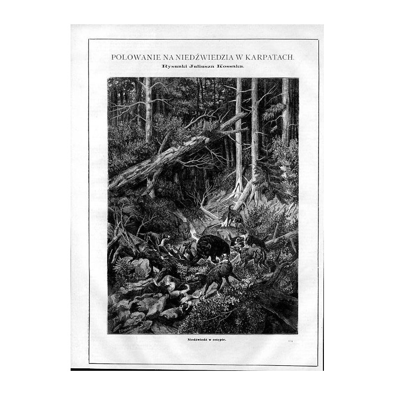 Polowanie na niedźwiedzia w Karpatach. Rysunki Juliusza Kossaka: [1] "Wyjazd na połoninę i przeprawa przez strumyk górski. 594"
