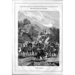 Polowanie na niedźwiedzia w Karpatach. Rysunki Juliusza Kossaka: [1] "Wyjazd na połoninę i przeprawa przez strumyk górski. 594"