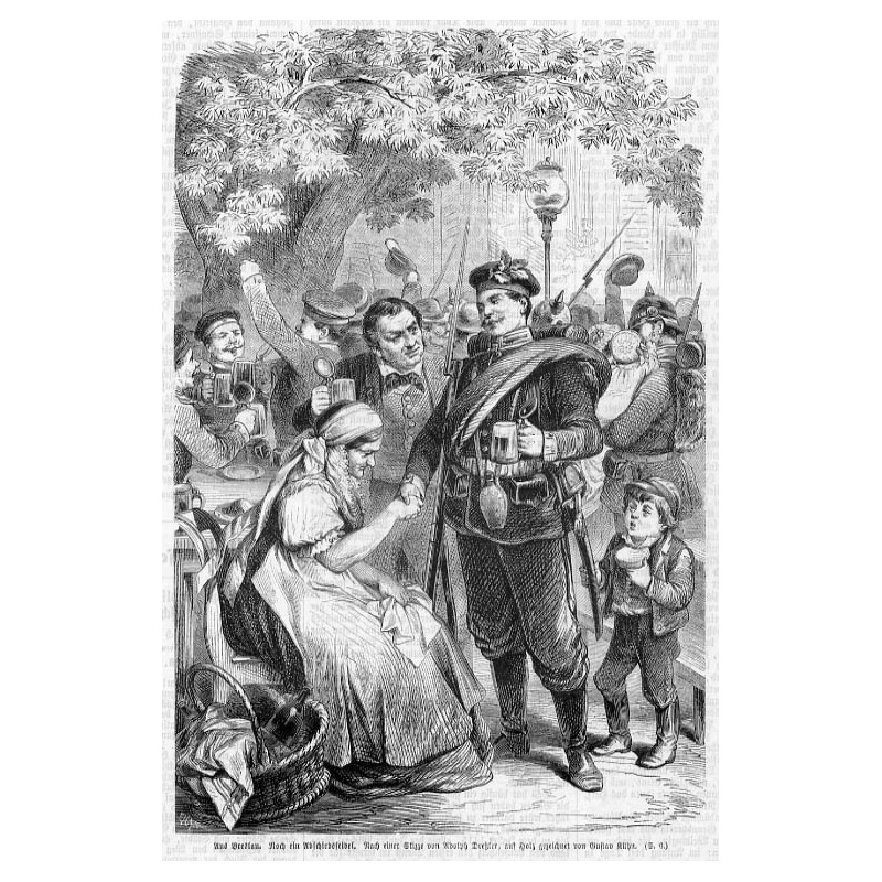 "Aus Breslau. Noch ein Abschiedsfeidel. Nach einer Skizze von Adolph Dreßler, auf Holz gezeichnet von Gustav Kühn. (S. 6.)"