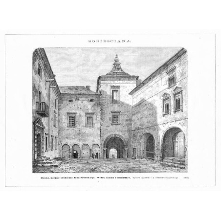 "Oleśko, miejsce urodzenia Jana Sobieskiego. Widok zamku z dziedzińca. Rysunek oryginalny ś. p. Aleksandra Gryglewskiego. (1153)