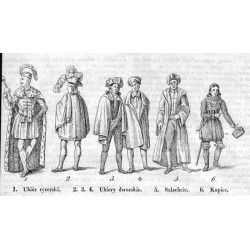 [1] "1. Ubiór rycerski. 2. 3. 4. Ubiory dworskie. 5. Szlachcic. 6. Kupiec." [2] "Ubiory krajowe. 7. 8. 9. 10."