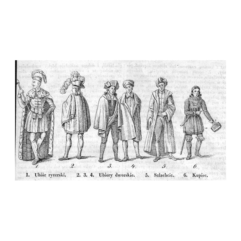 [1] "1. Ubiór rycerski. 2. 3. 4. Ubiory dworskie. 5. Szlachcic. 6. Kupiec." [2] "Ubiory krajowe. 7. 8. 9. 10."