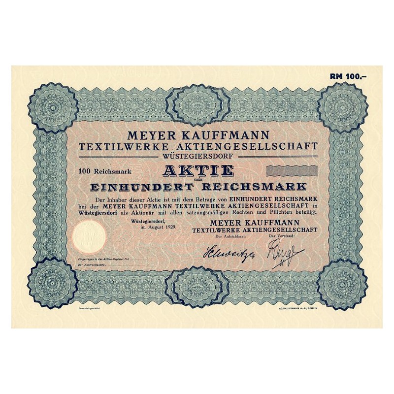 Głuszyca / Meyer Kauffmann Textilwerke AG. 1000 Reichsmark. Wüstegiersdorf August 1929