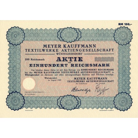 Głuszyca / Meyer Kauffmann Textilwerke AG. 1000 Reichsmark. Wüstegiersdorf August 1929