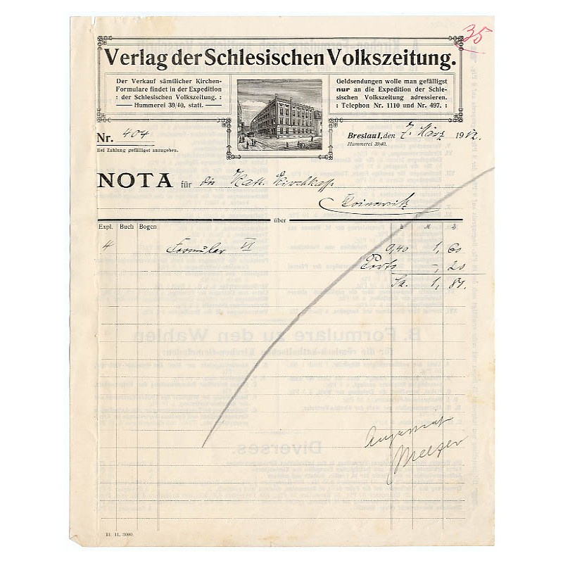 "NOTA. Verlag der Schlesischen Volkszeitung. [...]". Breslau 7.03.1912