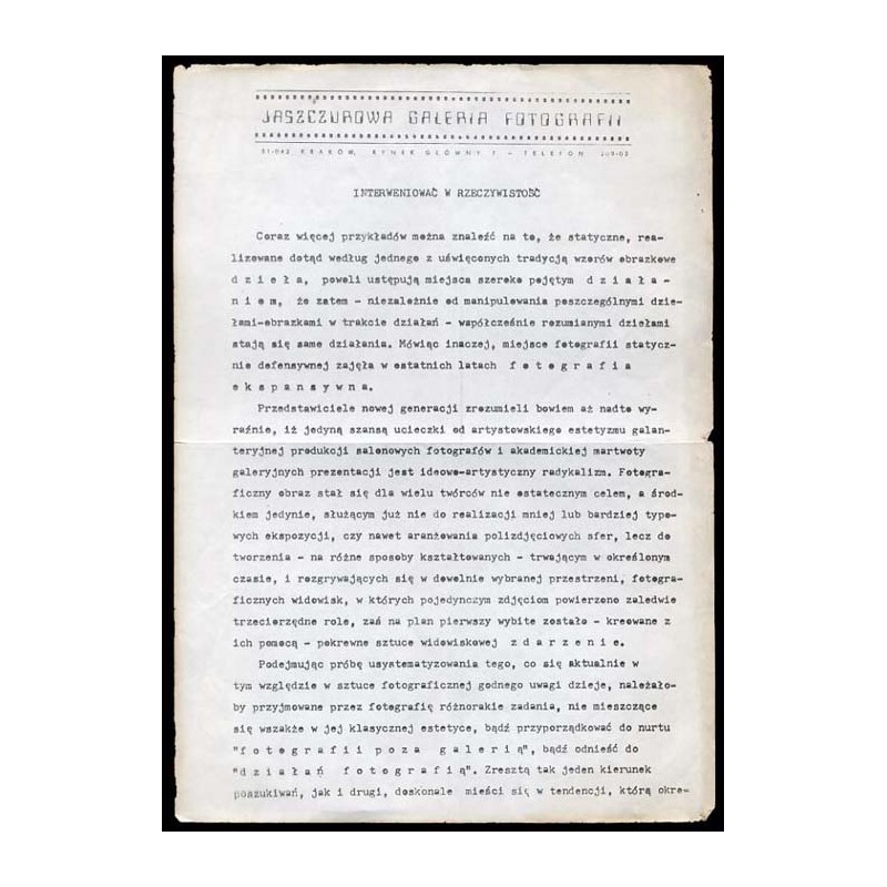 Jerzy Olek: Interweniować w Rzeczywistość. Jaszczurowa Galeria Fotografii