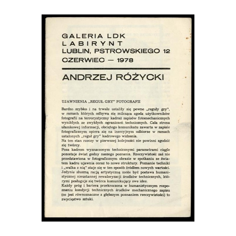 Andrzej Różycki. Galeria LDK Labirynt, Lublin, Pstrowskiego 12, Czerwiec - 1978