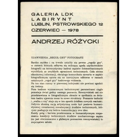 Andrzej Różycki. Galeria LDK Labirynt, Lublin, Pstrowskiego 12, Czerwiec - 1978
