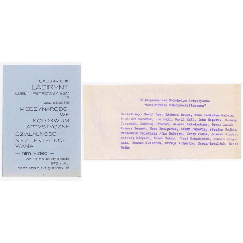 Galeria LDK Labirynt, Lublin, Pstrowskiego 12 zaprasza na Międzynarodowe Kolokwium Artystyczne Działalność Niezidentyfikowana -