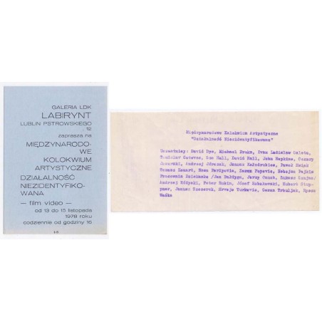 Galeria LDK Labirynt, Lublin, Pstrowskiego 12 zaprasza na Międzynarodowe Kolokwium Artystyczne Działalność Niezidentyfikowana -